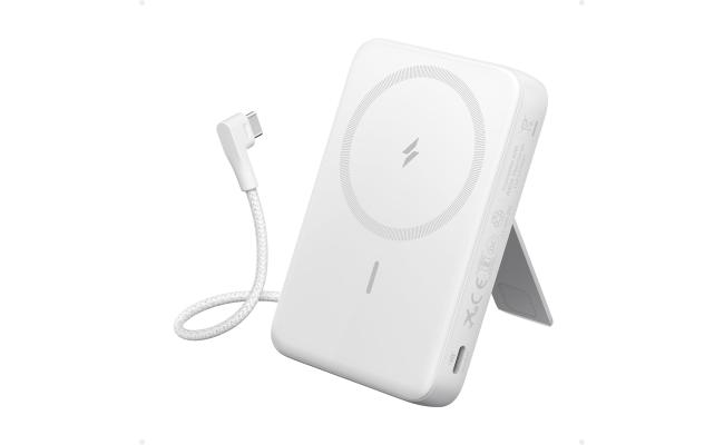 Anker Zolo Magnetic Power Bank, 10,000mAh Wireless Portable Charger with 30W Max Fast Charging, Battery Pack with Built-in USB-C Cable and Adjustable Stand, for iPhone 16/15 Series, AirPods - White
